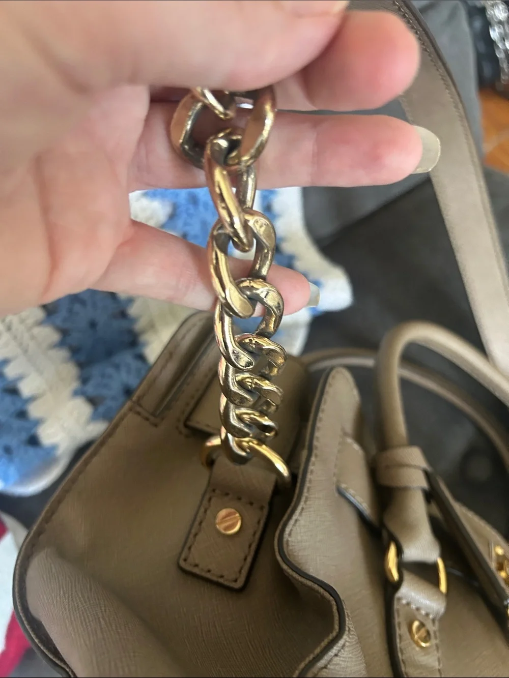 🔐 Michael Kors Taupe Leather Lock & Key Satchel Gold Hardware